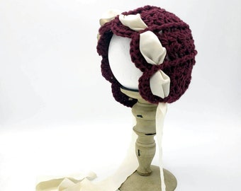 Newborn Heirloom 'Ohana Bonnet in 'Mulberry' with silk-like ivory ribbon