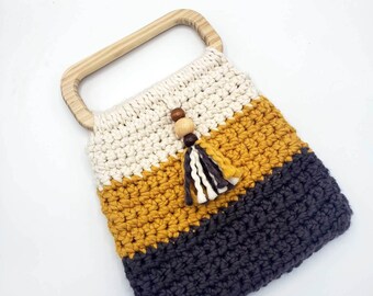 Boho Bag w/handles in mustard, ivory, brown