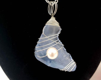 Wire-wrapped Sea Glass necklace with pearl bead