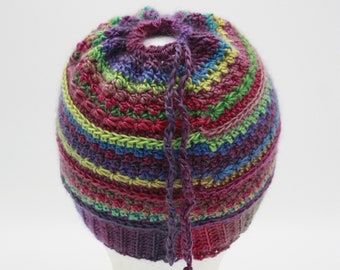 Drawstring Messy Bun/Ponytail Hat in 'Stained Glass'