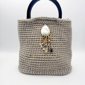 Beige Crochet Bag with handles and hard bottom and Leather/Shell embellishment image 1