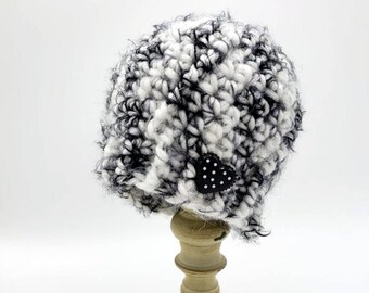 White and Black Beanie w/Black and white heart Button Embellishment - Size 3-6 months