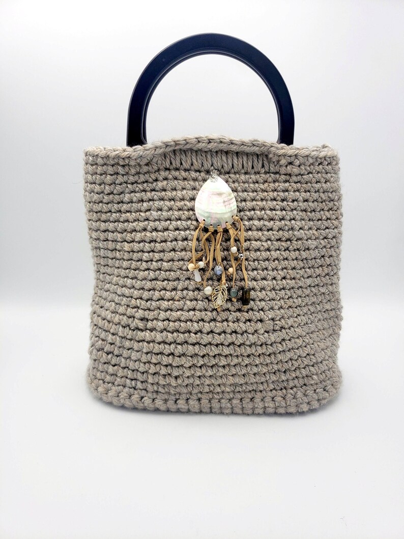 Beige Crochet Bag with handles and hard bottom and Leather/Shell embellishment image 1