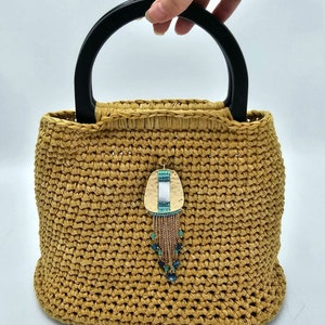 Citronella Crochet Bag with handles and hard bottom and beaded gold embellishment image 3