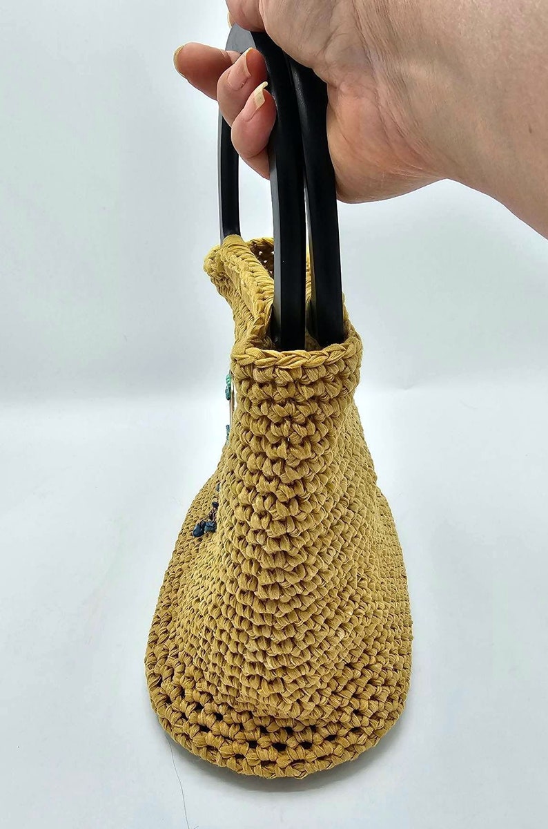 Citronella Crochet Bag with handles and hard bottom and beaded gold embellishment image 5