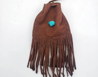 Buckskin Medicine Bag with fringe and Turquoise bead, drawstring closure