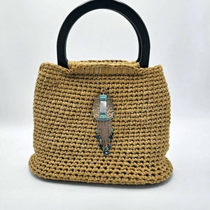 Citronella Crochet Bag with handles and hard bottom and beaded gold embellishment image 1