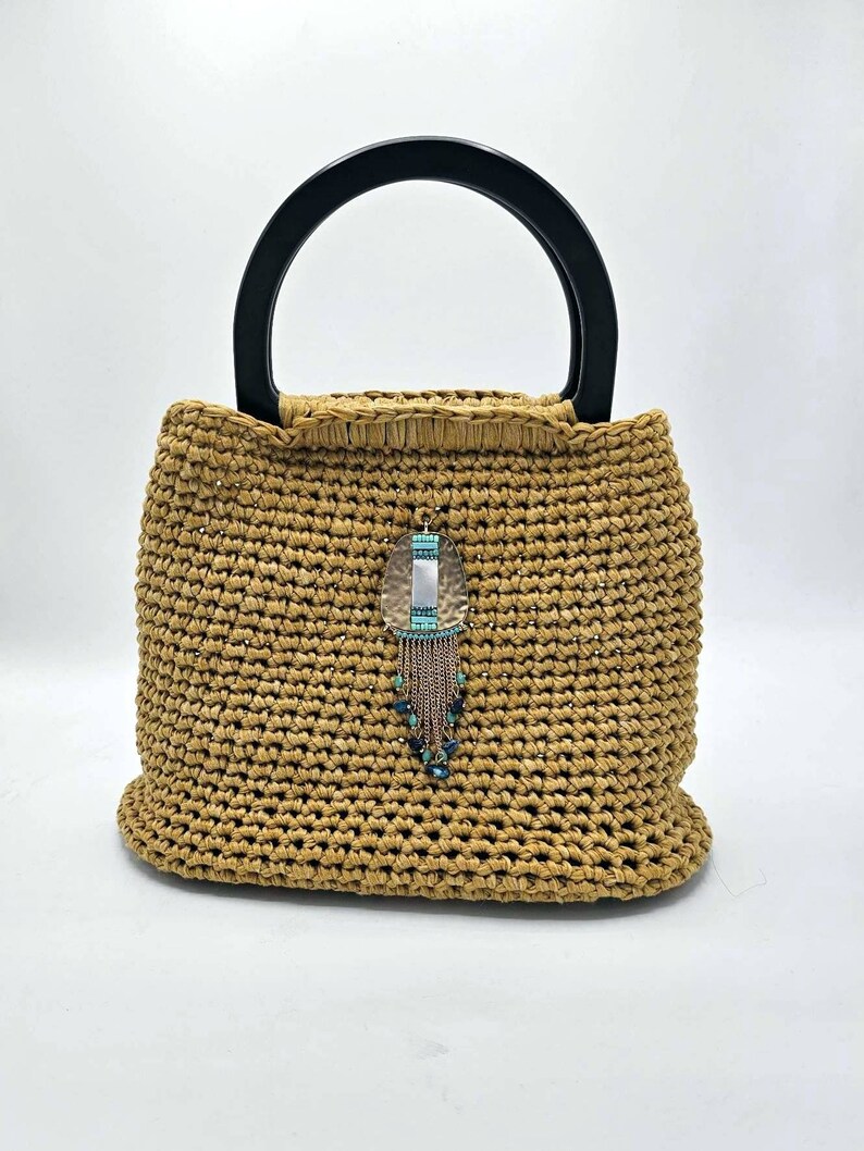 Citronella Crochet Bag with handles and hard bottom and beaded gold embellishment image 1