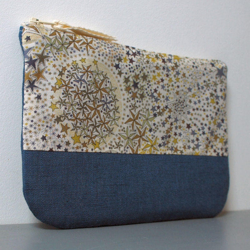 Pochette en Tissu Liberty et Lin Bleu, Pochette de Soirée, Cadeau Maitresse, Femme, Idée Noël