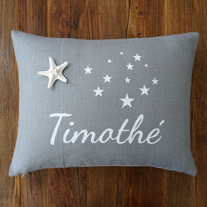 Cadeau Naissance, Coussin Personnalisé, Personnalisé Prénom, Décoration Chambre Bébé, Lin Gris, Déco