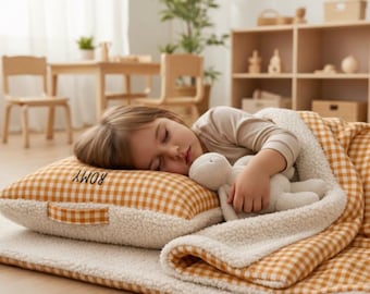 Preschool nap kit, cushion and ochre gingham cotton blanket, personalized, nap, name, baby, nursery