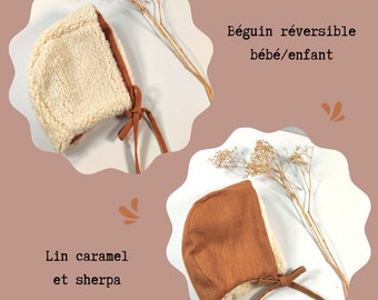 Bonnet bébé fille, chapeau en fausse fourrure sherpa et lin caramel