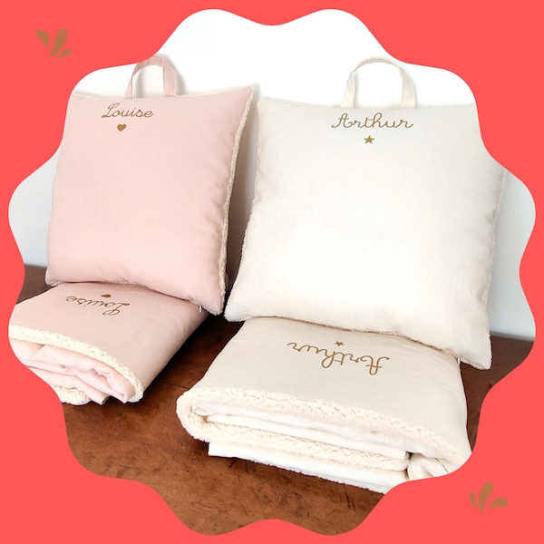 Kit sieste maternelle, coussin et couverture en lin, personnalisé pour l'école, sieste, prénom, bébé, chambre enfant, fait main en  France