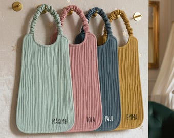 Personalized nursery school lunch napkin, elasticated child's bib, double gauze cotton