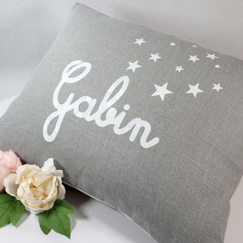 Coussin Personnalisé, Coussin Enfant, Naissance, Prénom, Cadeau Garçon, Bébé, Étoiles, Lin Gris