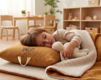 Kit sieste école maternelle, coussin et couverture double gaze, personnalisé, sieste, prénom, bébé, chambre enfant