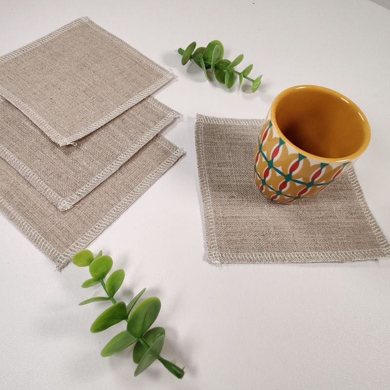 Sous-Verre en Lin Naturel, Dessous de Verre, Sous Tasses, Sous-Verres Tissu, Linge Table Lin