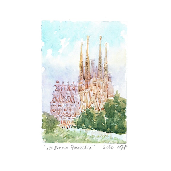 Barcelona print, watercolor painting, sagrada familia, architecture print, barcelona cityscape