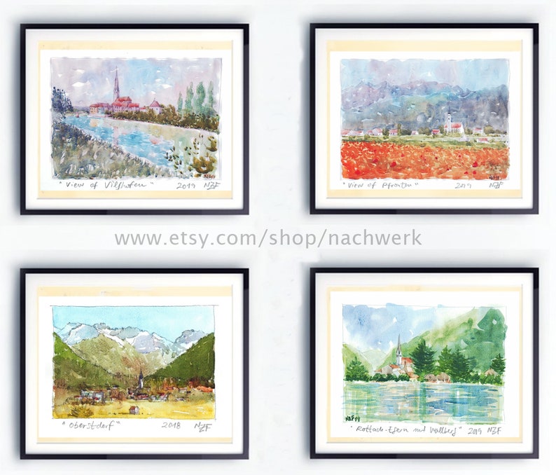 Watercolor print german cityscape landscape painting Etsy