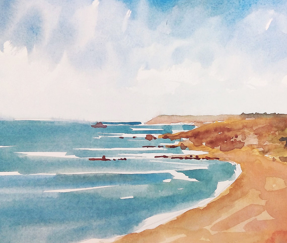 Coastal wall decor gouache painting sea art blue art Etsy