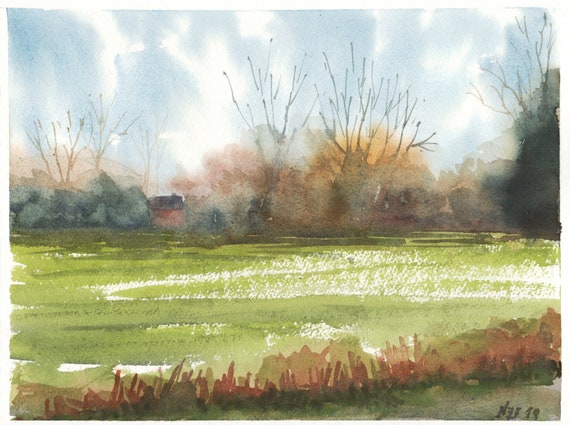 Landscape painting, green art, watercolor painting, landscape decor, home wall decor