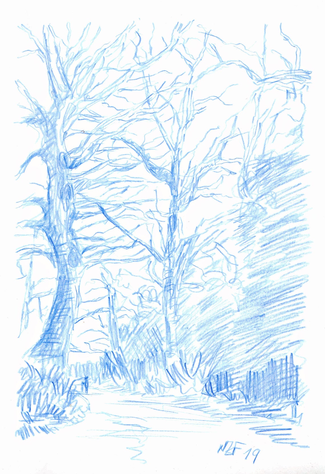 Bleistiftzeichnung Bäume Landschaft blaue Kunst Buntstift | Etsy