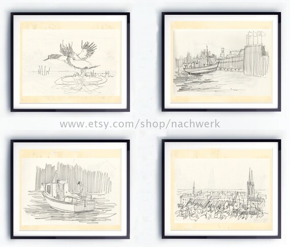 Pencil drawing, coastal wall decor, print wall art, home wall decor, lot of 4