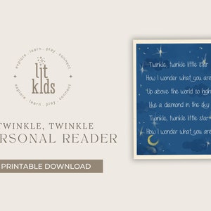 May include: Printable download of a blue and white illustration of the Twinkle Twinkle Little Star nursery rhyme. The illustration features a crescent moon, stars, and clouds. The text reads "Twinkle, twinkle little star, How I wonder what you are, Up above the world so high, Like a diamond in the sky, Twinkle, twinkle little star, How I wonder what you are."
