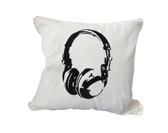 Headphones. Organic pillow cover, 45x45cm, throw pillow, cushion cover, decorative pillow case.