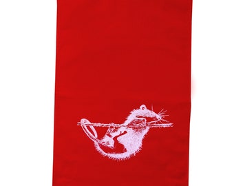 Paño de cocina rojo, algodón, estampado de ratas, serigrafiado, estampado a mano.