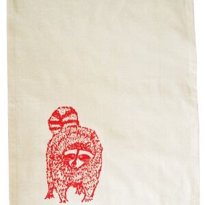 Raccoon, tea towel, organic cotton, fairtrade. Red print. Screen printed by hand. Dish towel, dish cloth, kitchen towel, present kitchen image 2