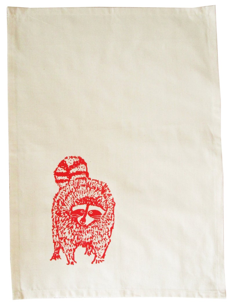 Raccoon, tea towel, organic cotton, fairtrade. Red print. Screen printed by hand. Dish towel, dish cloth, kitchen towel, present kitchen image 2