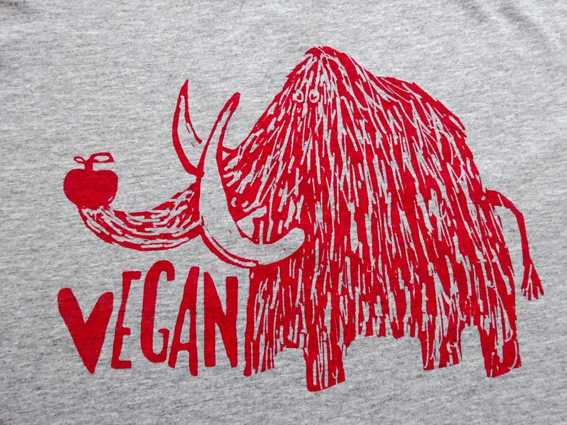 T-shirt femme, bio équitable, gris, mammouth vegan, imprimé à la main image 3