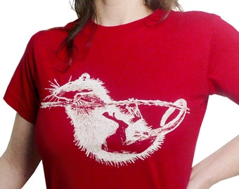 Rat, fairtrade t-shirt dames, organisch katoen, zeefdruk, met de hand gedrukt, kleur: zwart of rood