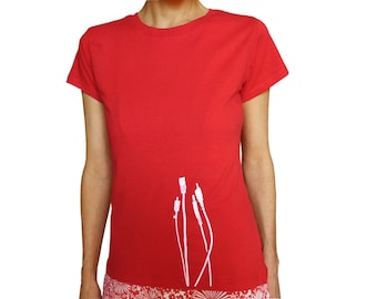 Cables, organic t-shirt for women, size S, red. Screen printed by hand.