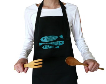 Fairtrade apron, fish. Organic cotton. Screen printed by hand.