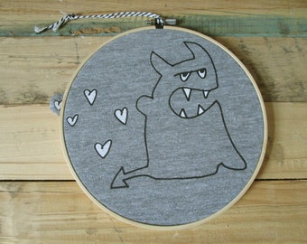 Devil in love, embroidery hoop art, screen printed by hand