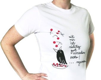 T-shirt women, organic fair trade, cherries blackbird, size. S or XL, screen printed hand printed