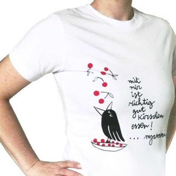 T-Shirt Frauen, Bio Fairtrade, Kirschen Amsel, Gr. S oder XL,  Siebdruck handbedruckt