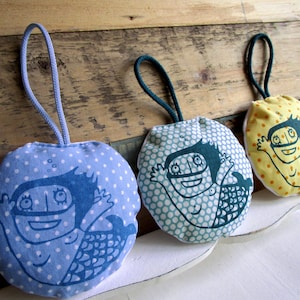 Pincushion hand sewn, mermaid screen print. Screen print hand printed