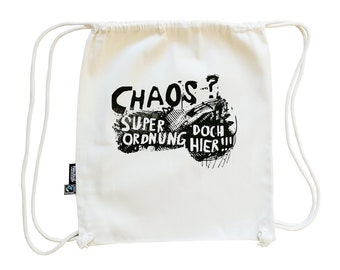 Gym bag, fair trade organic cotton, chaos, hand printed