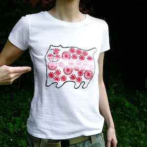 Cat, organic t-shirt for women, screen print, printed by hand, white, fat cat loves flowers organic tee image 3