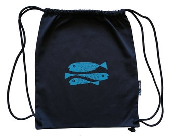 Fish, organic and fairtrade cotton drawstring backpack, gym bag. Screen print