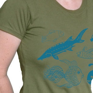 Fish, organic women's t-shirt. Screen printed hand printed image 1