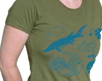 Fische, Bio Frauen T-Shirt. Siebdruck handbedruckt