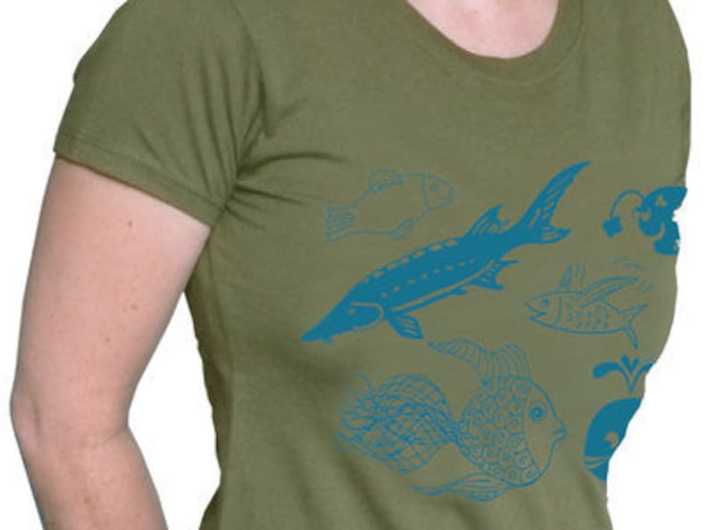 Fish, organic women's t-shirt. Screen printed hand printed image 1