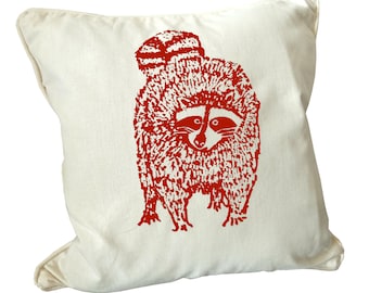 Raccoon. Organic pillow cover, 45x45cm, throw pillow, cushion cover, decorative pillow case.