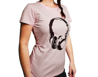 Headphones, organic t shirt women, light pink, sizes L or XL, screen printed by hand