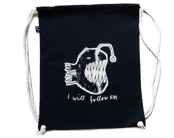 Frogfish, anglerfish, fish, I will follow him, organic and fairtrade cotton Earth Positive drawstring backpack, gym bag. Screen print