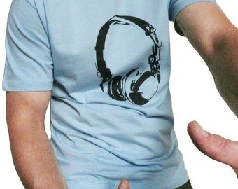 Headphones, organic t-shirt for men. Light blue. Size S